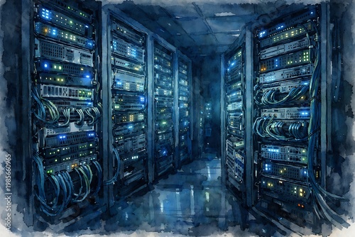 Watercolor of a dimly lit server room with rows of computer servers and cables