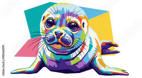 A colorful, stylized portrait of a young seal with geometric shapes