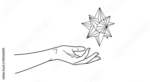 Star geometric floating above open hand with palm up featuring illustration, line art, vector with minimalism and simplicity elements for black and