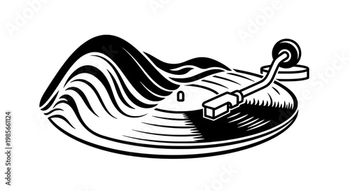 Vinyl record player with stylus and wavy lines, black and white illustration featuring turntable, music, audio with drawing and graphic elements for