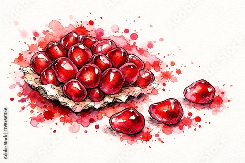 Watercolor pomegranates in a bowl with red splatters fruit