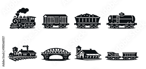 Historic train cars and railway structures icons on dark background