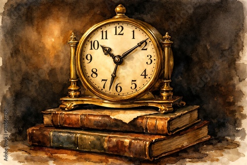 Watercolor of gold clock on stack of old leather bound books