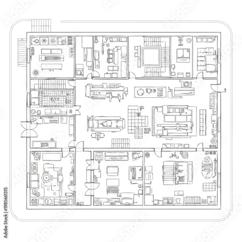 Comprehensive Architectural Floor Plan Layout Depicting Multiple Residential Living Spaces Apartments And Room Arrangements With Furniture Elements Visible Interior Design Blueprint For