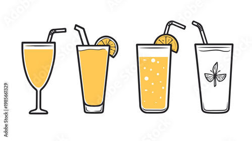 Four drinks in varied glasses with straws, including one with a design and another garnished