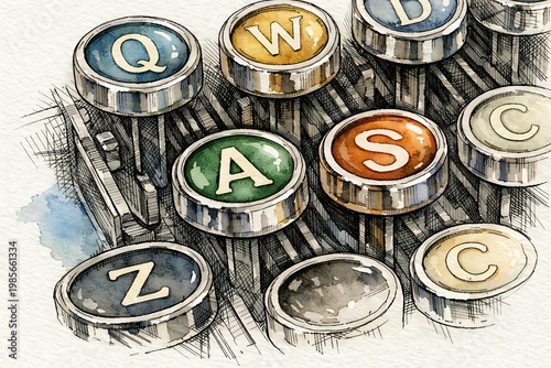Watercolor typewriter keys with colorful letters gouache