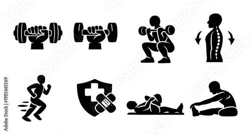 Exercise performance and recovery icons on dark background