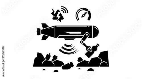 Underwater robot collecting plastic waste from seabed, environmental protection concept