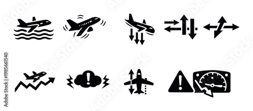 Aircraft flight condition and control icons on dark backdrop