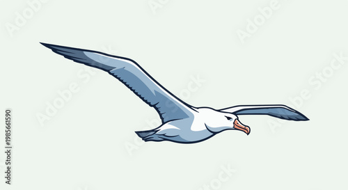 A cartoon seabird soars with wings outstretched against a pale green background
