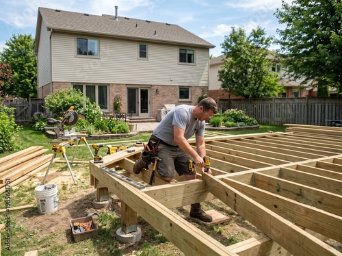 Male carpenter working on wooden deck construction in backyard, with tools and materials visible, residential home in the background under clear blue sky