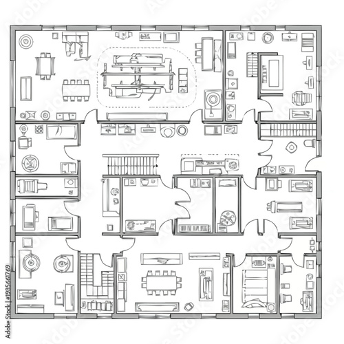 Detailed hand drawn architectural floor plan showcasing a spacious residential layout with multiple rooms including bedrooms living areas kitchen bathrooms and dining spaces depicting furniture