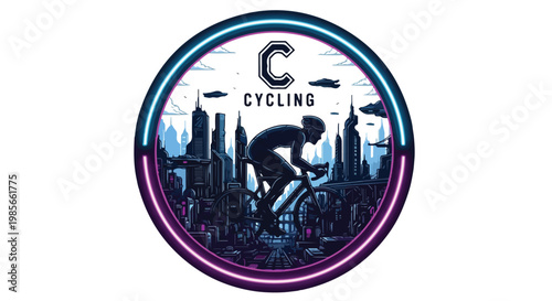 Luxury cyberpunk cycling emblem, detailed city inside circular frame, glowing neon border, cyclist silhouette in center, intricate linework, high-end badge design for t-shirt
