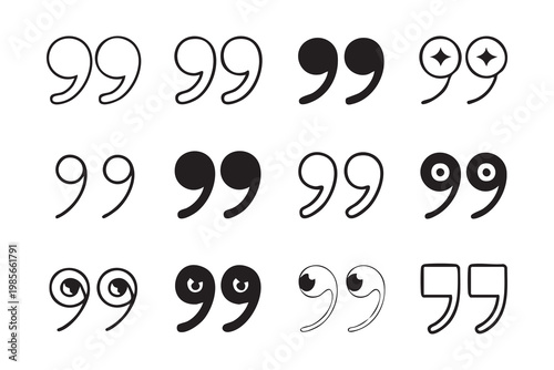 Stylized quotation marks collection with character features and outlines for modern text layout art