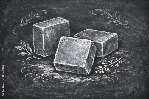 Chalkboard of three white cubes with floral blocks
