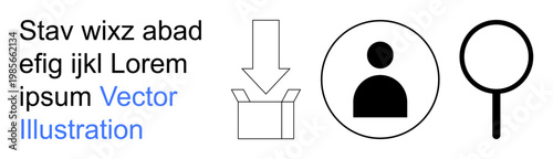 User authentication, data management, technology, logistics, online search, analysis. Includes human user icon, arrow into box magnifying glass symbols. User authentication and logistics