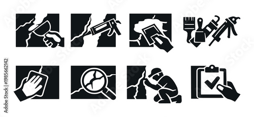 Wall crack repair steps displayed on grey interior panels