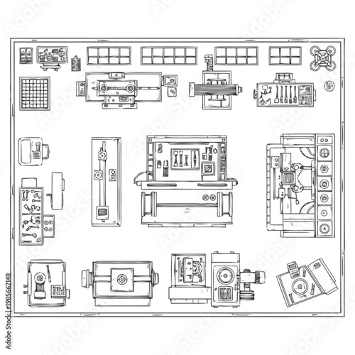Top view aerial perspective rendering of a comprehensive industrial workshop floor plan displaying various heavy machinery workbenches with tools storage units and intricate operational