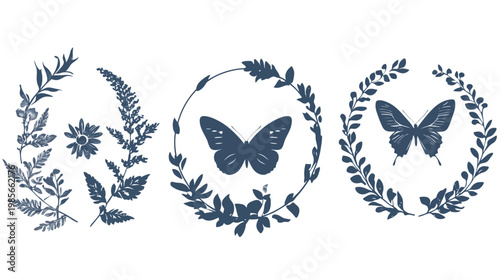 Three floral illustrations including leaves, flowers and butterflies, in a muted blue color