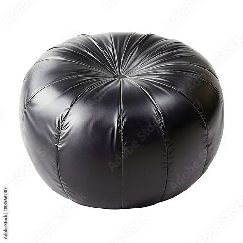 Round black ottoman with textured surface and soft fabric