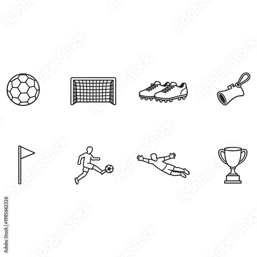 Soccer football line icons set ball goal player goalkeeper trophy whistle. 