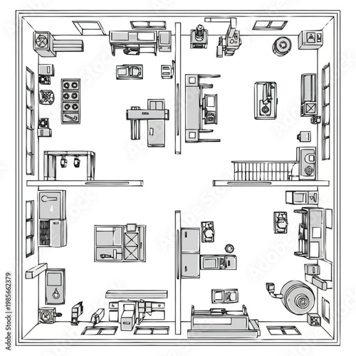 Architectural Blueprint Depicting a Detailed Layout of Interior Spaces Featuring Furniture Arrangements and Structural Elements for Residential or Commercial Property Planning and Development