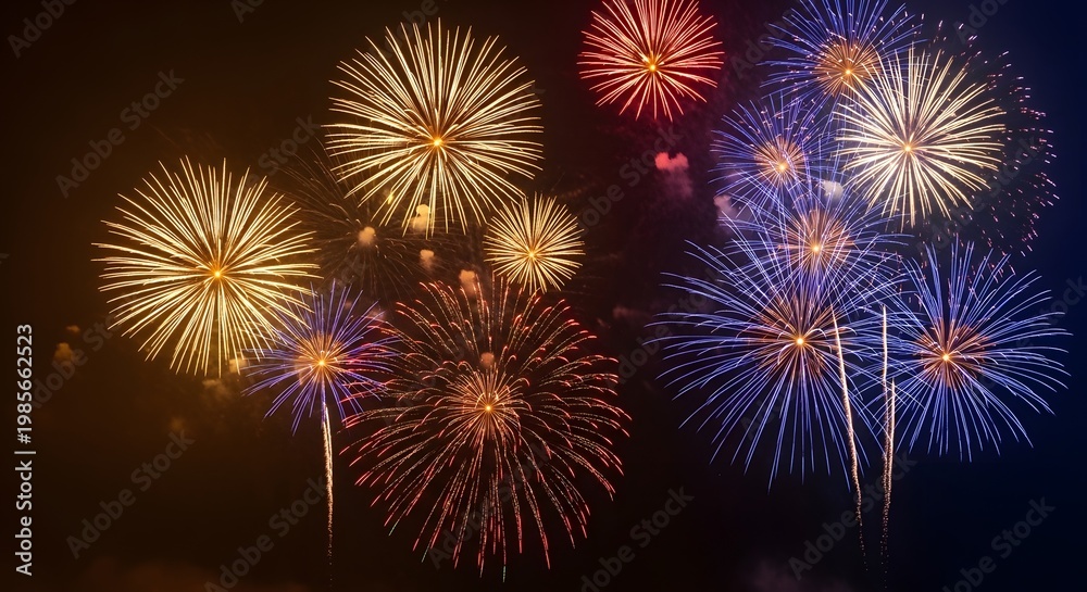 Fototapeta premium Spectacular happy birthday fireworks display a vibrant celebration with golden and colorful explosions