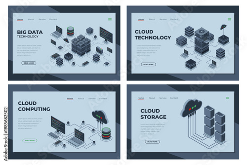 Set of isometric landing page template. Modern technology concept for cloud computing and big data technology. Isometric technology