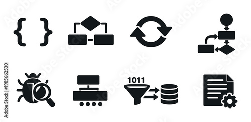 Programming and debugging icons including flowcharts on panel