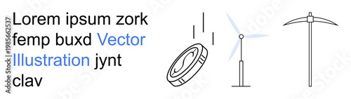 Cryptocurrency, renewable energy, blockchain technology, digital currency, mining tools, eco-friendly solutions. Coin, wind turbine and pickaxe in a minimalist style. Cryptocurrency and renewable