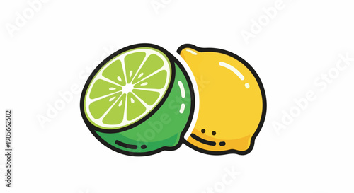 A bright, cartoon-style illustration of a halved lime and a whole lemon