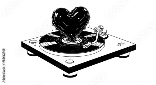 Heart illustration on vinyl record player with stylus featuring music, black, white with love and romance elements for audio, turntable projects,