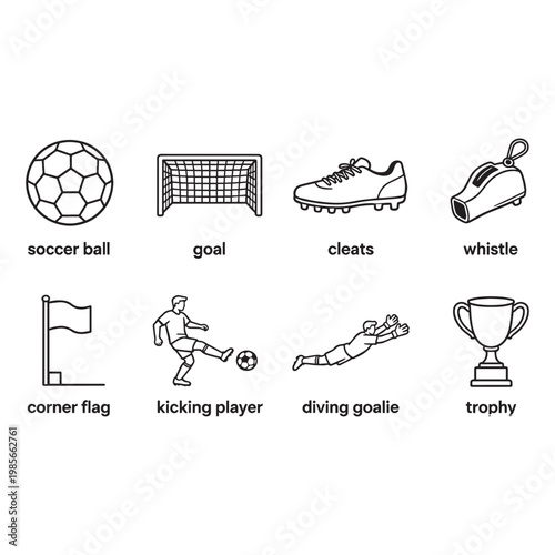 Soccer football line icons set ball goal player goalkeeper trophy whistle. 