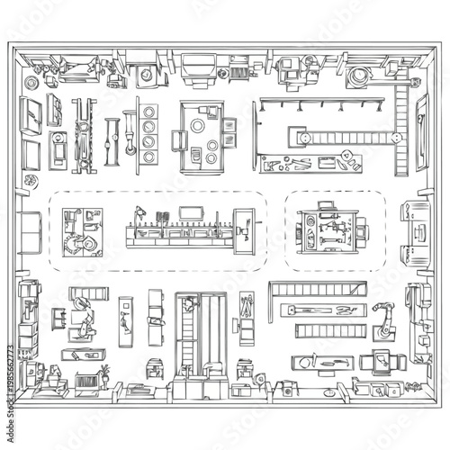 Detailed overhead perspective drawing of a spacious interior layout featuring furniture arrangements and room divisions for planning residential living areas and home design concepts offering a