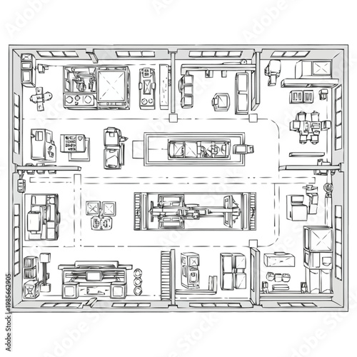 Detailed architectural floor plan sketch showcasing a complex layout of rooms workstations and machinery within a structured industrial or automotive repair facility conveying a sense of