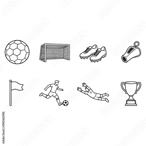 Soccer football line icons set ball goal player goalkeeper trophy whistle. 