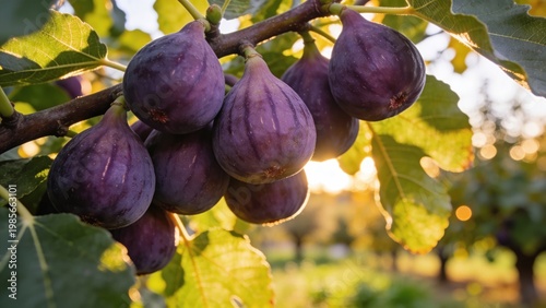 A close-up, shallow depth-of-field shot captures a cluster of ripe, deep purple figs hanging from a sun-dappled branch of a fig tree.