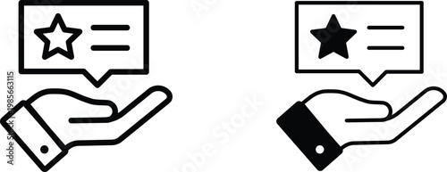 Customer review icons with hand holding star rating speech bubble. Feedback and testimonial vector set. User experience and satisfaction symbols.