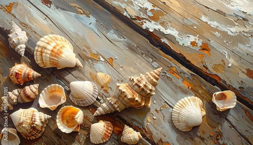 A collection of seashells on a weathered wooden surface