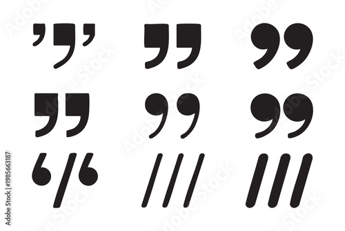 Minimalist bold quotation marks and slash dividers for geometric text layouts and modern typography