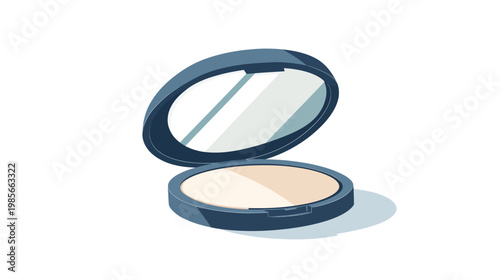 A cartoonish, open compact mirror with a powder and a slightly angled view of the mirror