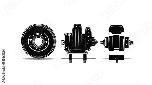 Silhouetted mechanical components arranged on a white background, wheel and axle parts shown
