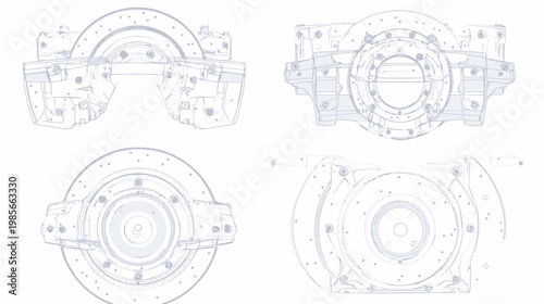 Four detailed illustrations of a mechanical disc brake assembly, various angles, gray lines on white