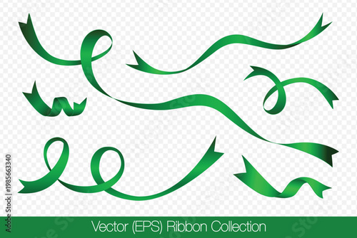 Realistic set of green ribbons isolated on a transparent background, featuring curved ribbons in different lengths and twists. Vector illustration for holiday decorations and graphic project