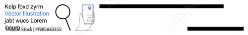 Location tracking, navigation, mobile apps, digital maps, data search, geotagging. A hand holding a smartphone with a location pin icon and a magnifying glass beside it. Location tracking