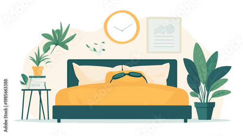 A cartoon depiction of a bed in a room with plants and a clock. Sunglasses rest on the pillow