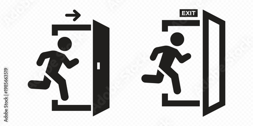 Set of green emergency exit signs with running man icons arrows and exit text showing safe evacuation routes and directions. Ideal for fire safety plans public buildings offices hospitals malls