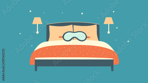 Illustration of a bed with eye mask, lamps, and stars, promoting relaxation and peaceful sleep