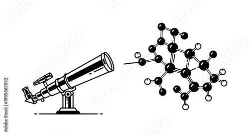 Microscope science research icon with detailed metal base and atom molecular network connected for lab education