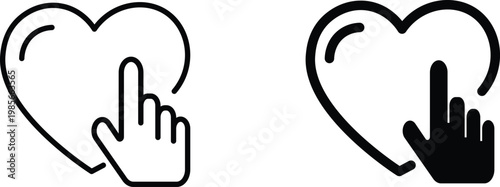 Minimalist heart click icon set, black line art hand cursor touching heart symbol, social media like and love button vector graphics